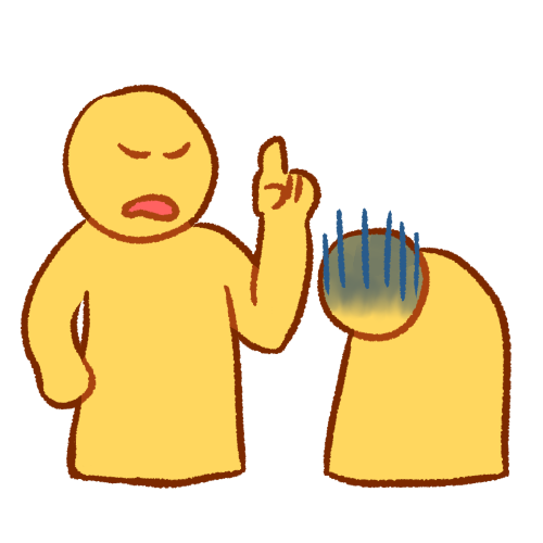 A drawing of two emoji-yellow people. The one on the left is angry and has one hand up and one hand on their hip. The one on the right is leaning down and has a dark cloud and lines over their head, looking ashamed.